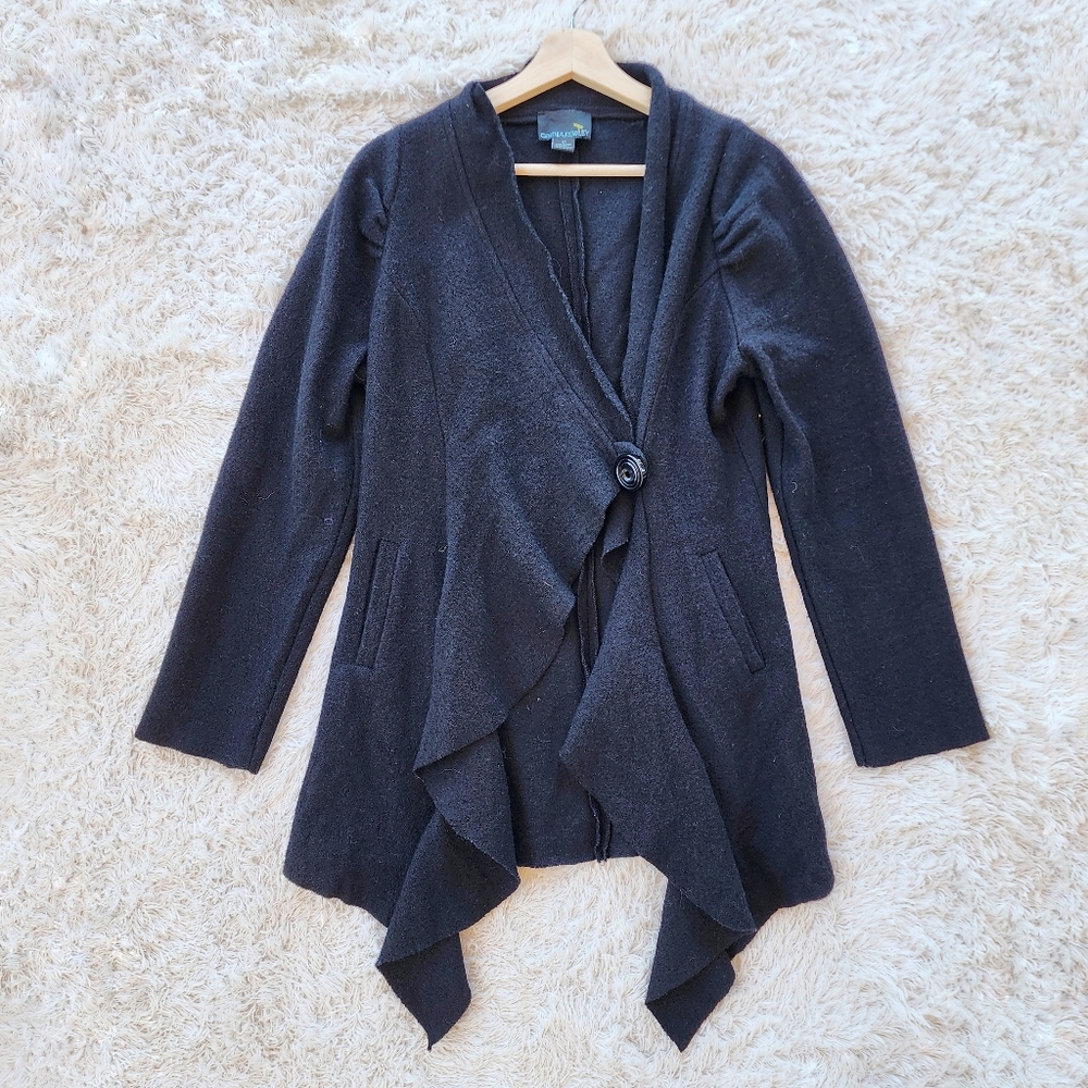 Cynthia Rowley Black Boiled Wool‎ Waterfall Cardigan